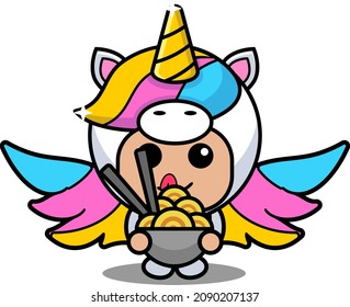 vector cartoon character cute lovely unicorn animal mascot costume eating noodles