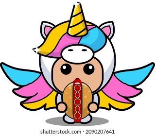 vector cartoon character cute lovely unicorn animal mascot costume eating hot dog