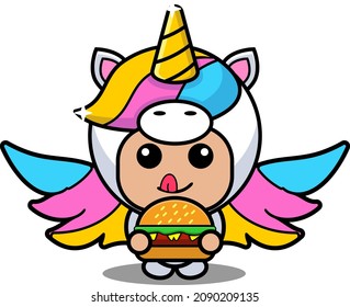 Vektorcartoon-Charakter süß süße, unicorn-Maskottchen-Kostüm essen Burger