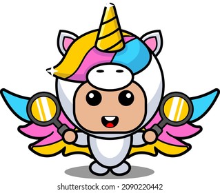 vector cartoon character cute lovely unicorn animal mascot costume holding a magnifying glass