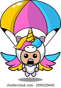vector cartoon character cute lovely unicorn animal mascot costume wearing parachute