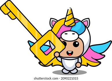 vector cartoon character cute lovely unicorn animal mascot costume holding key