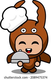 vector cartoon character cute mascot costume fighting beetle animal  holding chef waitress