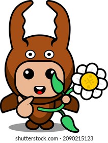 vector cartoon character cute mascot costume fighting beetle animal  holding flower