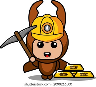 vector cartoon character cute mascot costume fighting beetle animal  gold rod