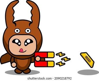 personaje de caricatura vectorial lindo disfraz de mascota combate animal de escarabajo con oro magnético
