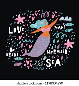 Vector cartoon character cute mermaids and sea plants. Summer clipart with mermaid girls. 