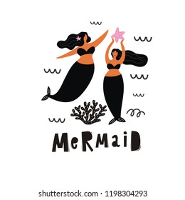 Vector cartoon character cute mermaids and sea plants. Summer clipart with mermaid girls. 