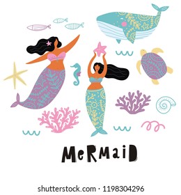 Vector cartoon character cute mermaids and sea plants. Summer clipart with mermaid girls. 