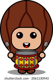 personaje de caricatura vectorial lindo nutmeg mascota de especias tocando tambores