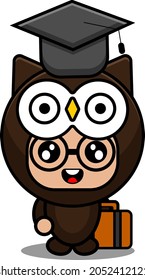 Vector Cartoon Character Cute Owl Animal Mascot Costume Wearing Graduation Hat Holding School Bag