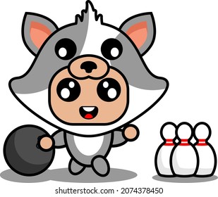 vector cartoon character cute pet cat mascot costume playing bowling