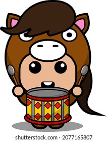 vector cartoon character cute pet horse mascot costume playing drums