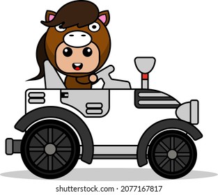 vector cartoon character cute pet horse mascot costume riding a tractor