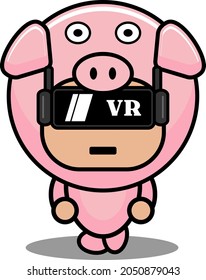 vector cartoon character cute pig animal mascot costume wearing virtual reality glasses
