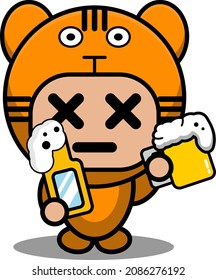 vector cartoon character cute predatory tiger animal mascot costume holding beer bottle