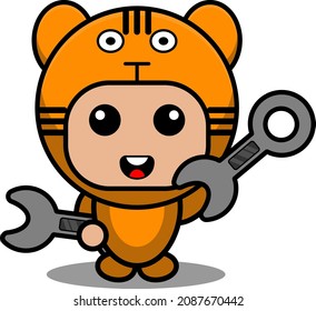 Vector Cartoon Character Cute Predatory Tiger Animal Mascot Costume Holding Mechanical Tool