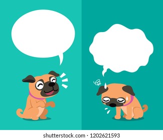 Vector cartoon character cute pug dog expressing different emotions with speech bubbles for design.