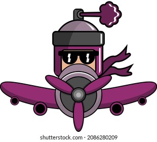 vector cartoon character cute purple pilox spray mascot costume riding a plane