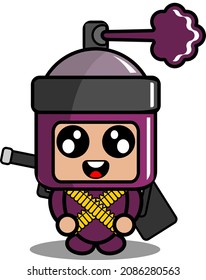 Vektorcartoon-Charakter süß-violettes Piloxspray Kostüm Armee mit Gewehr und Kugel