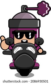 vector cartoon character cute purple pilox spray mascot costume riding a motorcycle