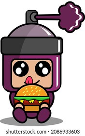 vector cartoon character cute purple pilox spray mascot costume sitting eating burger