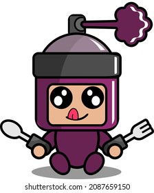 vector cartoon character cute purple pilox spray mascot costume sitting holding spoon and fork