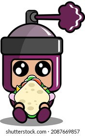 vector cartoon character cute purple pilox spray mascot costume sitting eating sandwich