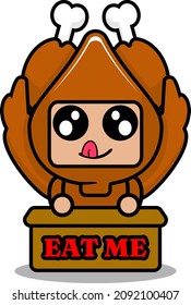 personaje de caricatura vectorial lindo traje de mascota de pollo asado con caja de almuerzo