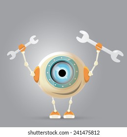 vector Cartoon Character Cute Robot holding wrench. Isolated on Grey Gradient. repair man.