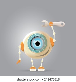 vector Cartoon Character Cute Robot holding wrench. Isolated on Grey Gradient. repair man.