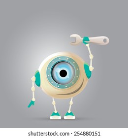 vector Cartoon Character Cute Robot holding wrench. Isolated on Grey Gradient. repair man.