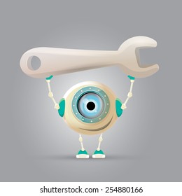 vector Cartoon Character Cute Robot holding wrench. Isolated on Grey Gradient. repair man.