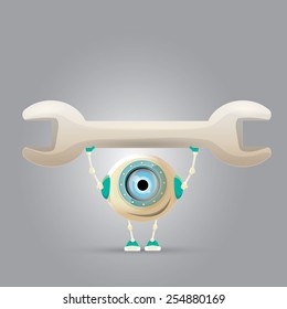 vector Cartoon Character Cute Robot holding wrench. Isolated on Grey Gradient. repair man.