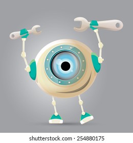 vector Cartoon Character Cute Robot holding wrench. Isolated on Grey Gradient. repair man.