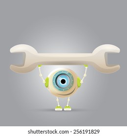 vector Cartoon Character Cute Robot holding wrench. Isolated on Grey Gradient. repair man.