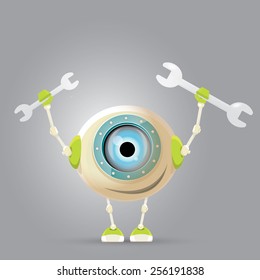vector Cartoon Character Cute Robot holding wrench. Isolated on Grey Gradient. repair man.