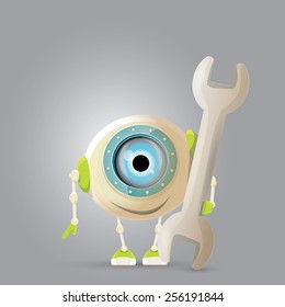 vector Cartoon Character Cute Robot holding wrench. Isolated on Grey Gradient. repair man.