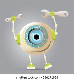 vector Cartoon Character Cute Robot holding wrench. Isolated on Grey Gradient. repair man.