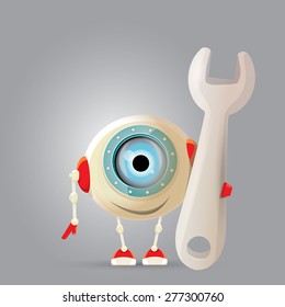 vector Cartoon Character Cute Robot holding wrench. Isolated on Grey Gradient. repair man.