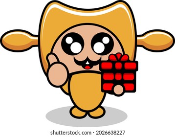 vector cartoon character cute rolling pin mascot costume cooking tool holding a gift