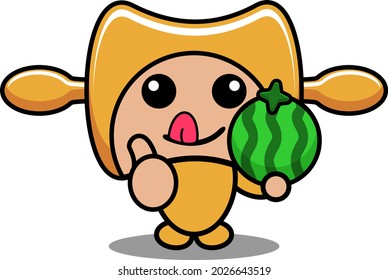personaje de caricatura vectorial lindo pin rodante mascota herramienta de cocina sosteniendo fruta de la sandía