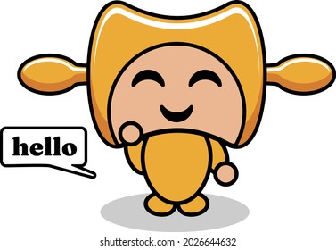 personaje de caricatura vectorial lindo pin rodante mascota herramientas de cocina saludos