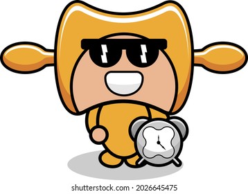 personaje de caricatura vectorial lindo pin rodante mascota herramienta de cocina con reloj