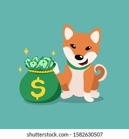 Vector cartoon character cute shiba inu dog with money bag for design.