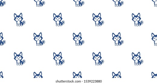 Vector cartoon character cute siberian husky dog seamless pattern background for design.