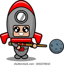 personaje de caricatura vectorial lindo espacio disfraz de mascota de cohetes jugando al planeta billar