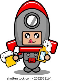 vector cartoon character cute space rocket mascot costume drinking beer