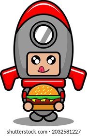 vector cartoon character cute space rocket mascot costume eating burger