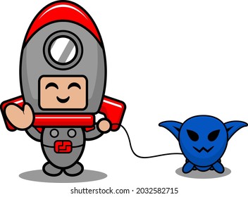 vector cartoon character cute space rocket mascot costume holding alien pet
